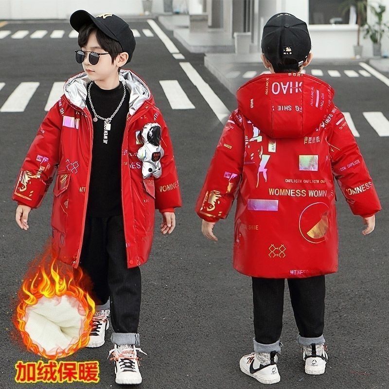 羽绒服2023新款爆款男款童亮面免洗季儿童中长款袄中大童加