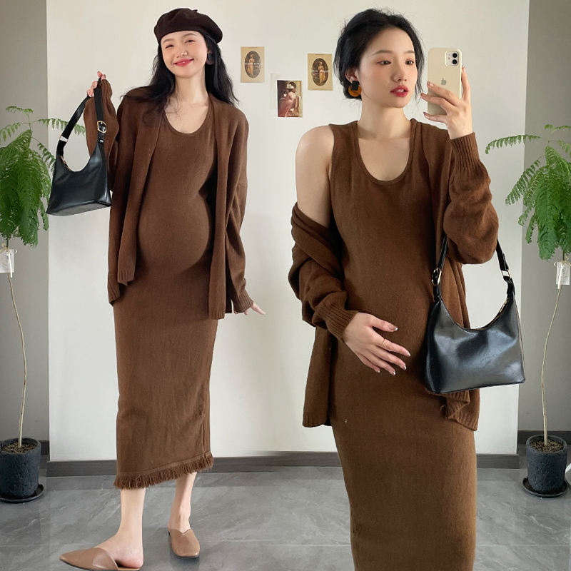 孕妈穿搭ヾ孕妇装秋冬季针织流苏连衣裙气质开衫外套韩版两件套装