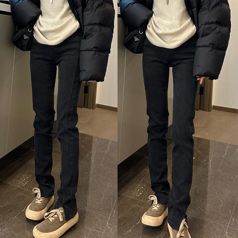 黑色开叉牛仔裤女春秋高腰修身显瘦2023新款高个子直筒马蹄小个子