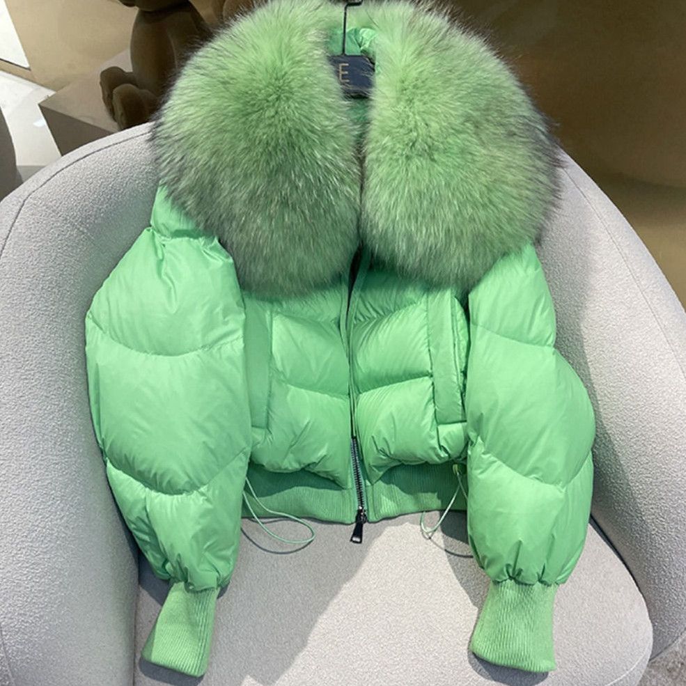 百搭洋气加厚超大貉子毛领羽绒服女短款面包服欧美白鸭绒2023年