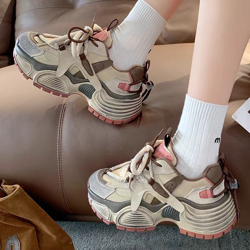 真皮老爹鞋女2023冬新款显脚小加绒松糕鞋厚底休闲运动鞋3352