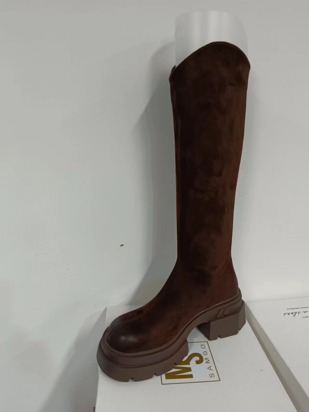 2023新款真皮大筒围绒面骑士靴女v口长靴高筒靴厚底长筒靴8277-16