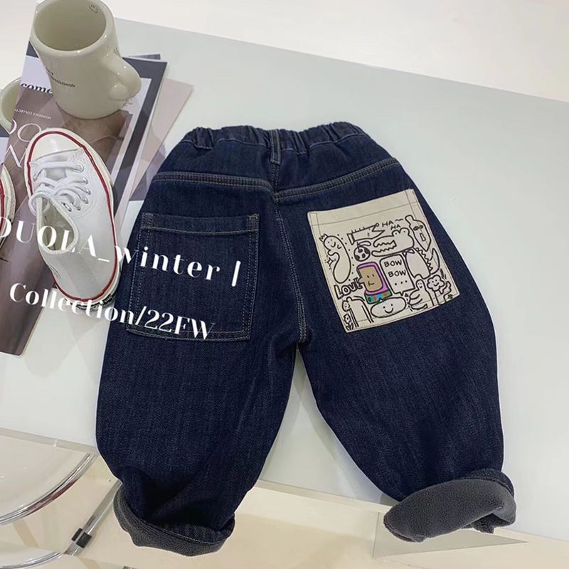 男童加绒加厚牛仔裤柔软2022新款韩国儿童女童宝宝一体绒休闲裤潮