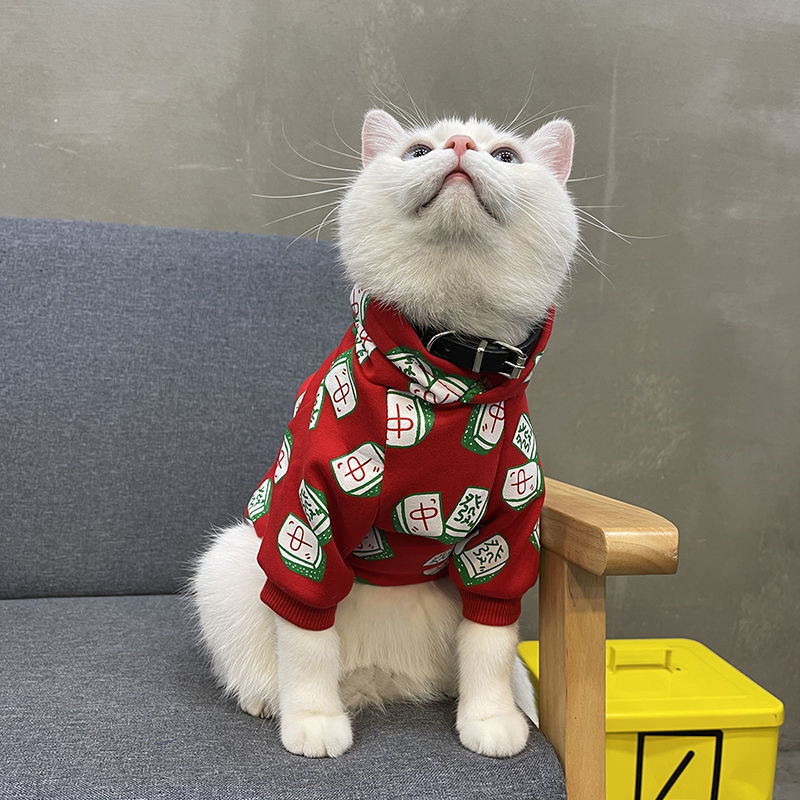 猫咪宠物衣服批发秋冬装加绒帅气英短蓝猫潮牌防掉毛红色过年衣服