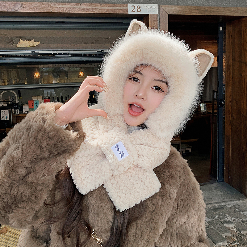 冬季保暖百搭可爱耳朵毛绒套头帽女加绒保暖帽秋冬季加厚男女帽子