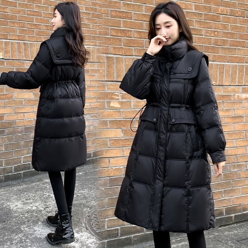 鸭鸭白鸭绒2023新款户外羽绒服女中长款修身收腰海军立领黑色百