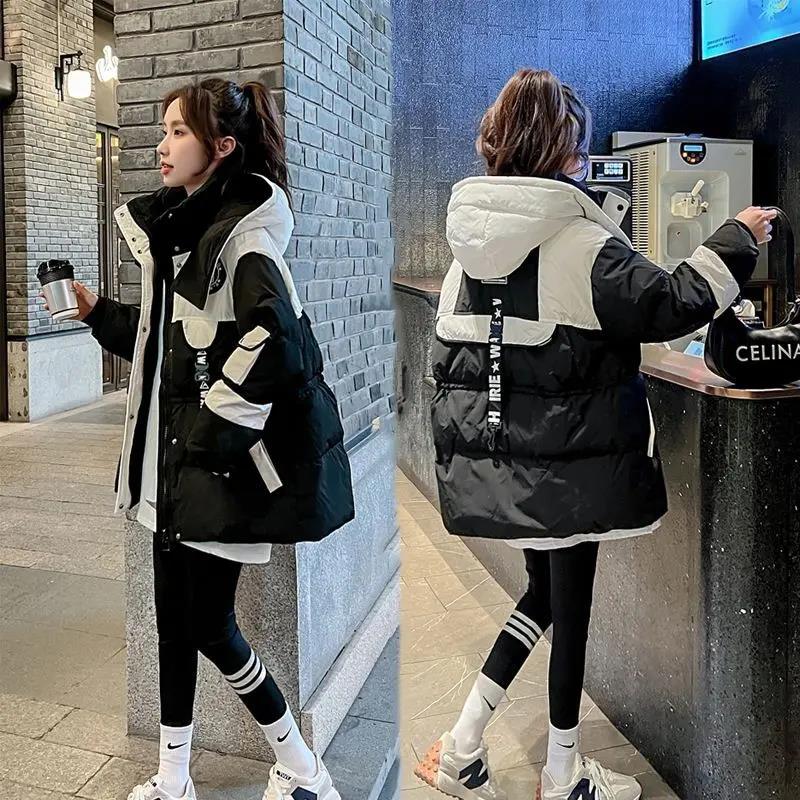 鸭鸭黑色中长款派克羽绒羽绒服女2023冬季新款小个子宽松显瘦连帽