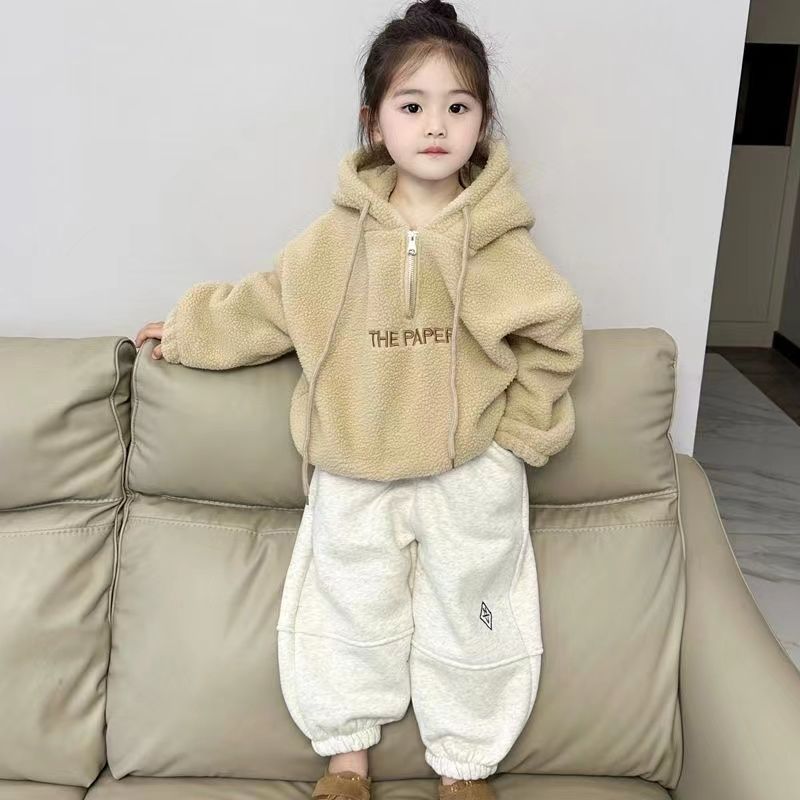 女童秋冬装潮流女宝宝带帽羊羔绒上衣套装儿童保暖加绒裤子两件套