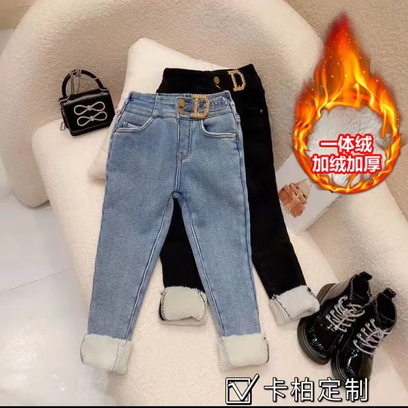 女童加绒牛仔裤一体绒加厚2023新款宝宝洋气长裤中小童秋冬修身裤
