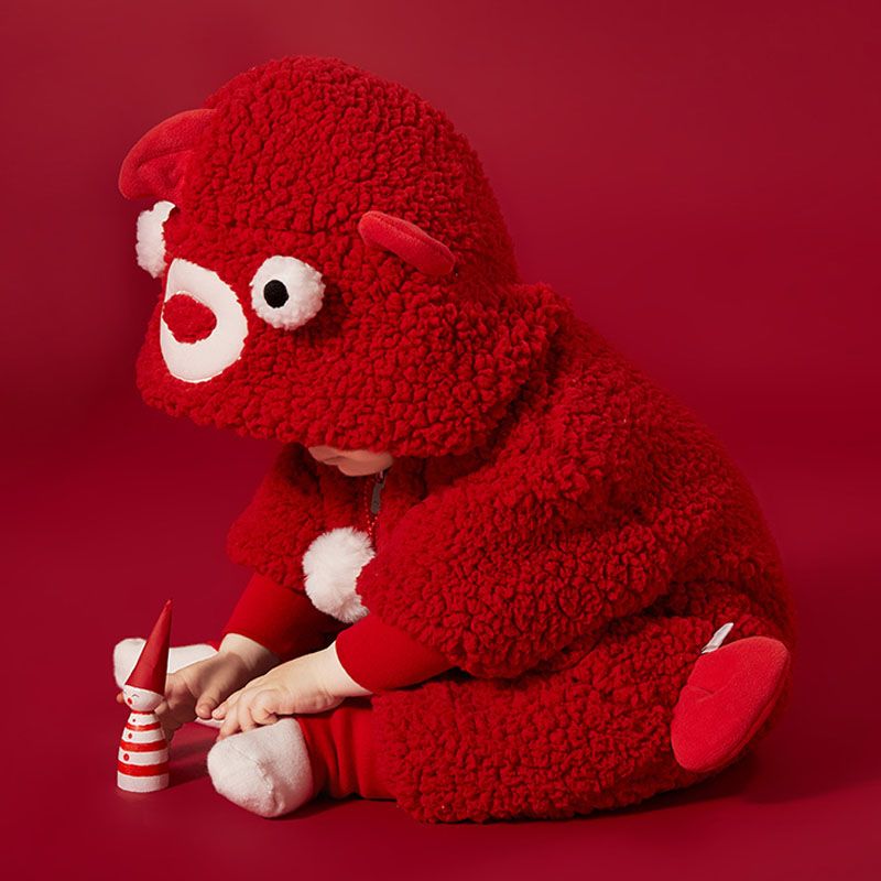 婴儿衣服春秋新款连体衣宝宝外出服超萌保暖羊羔绒连帽哈衣爬服