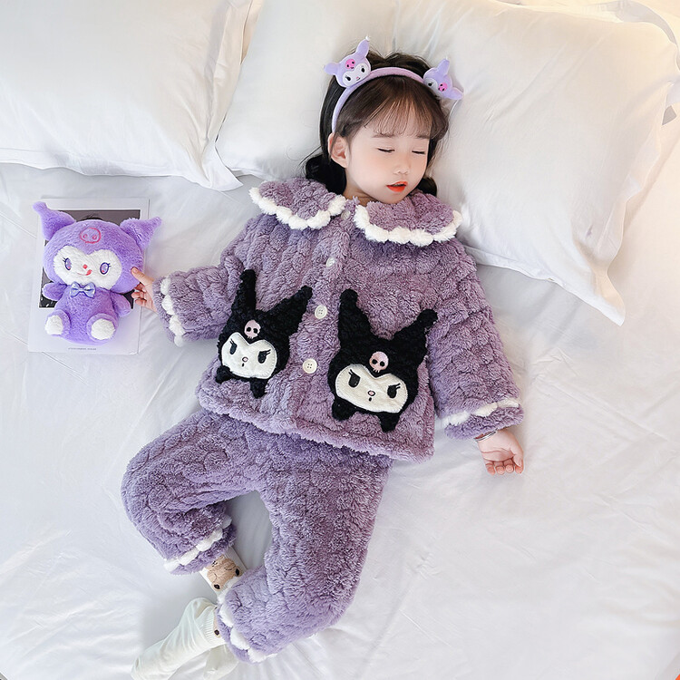 女童珊瑚绒睡衣秋冬季三层夹棉加绒加厚儿童库洛米家居服新款