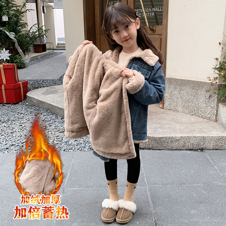 连帽女童加绒外套秋冬装新款洋气儿童保暖加厚牛仔衣亲子棉服上衣