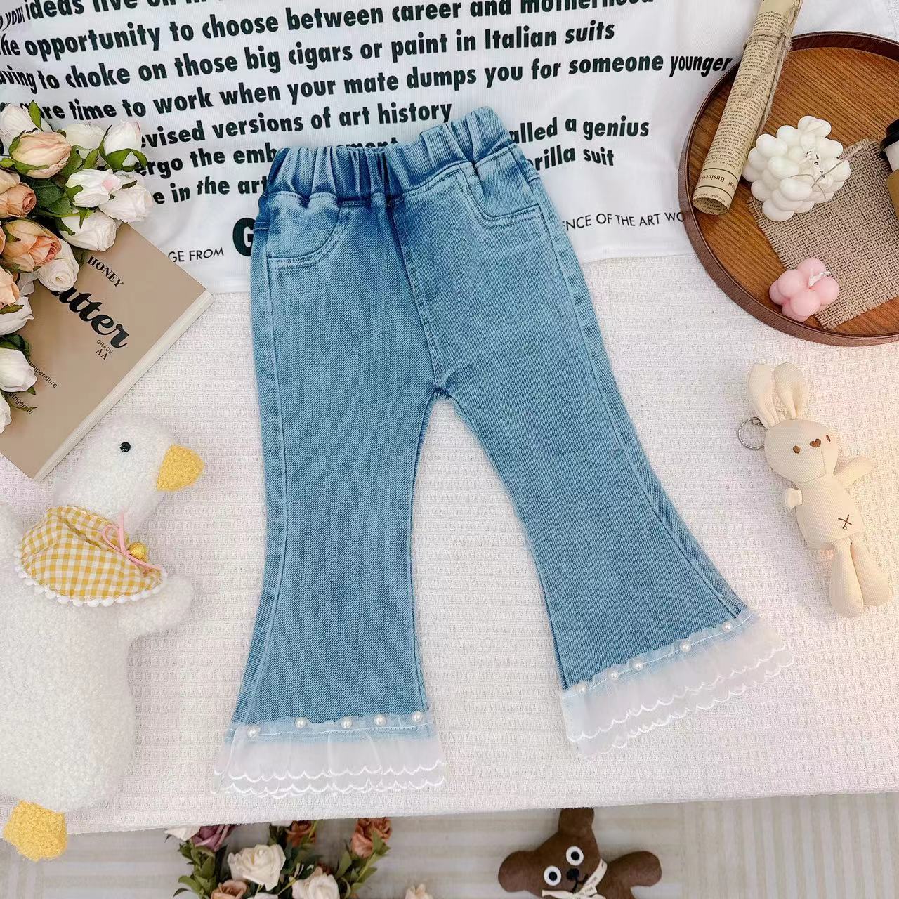 春秋款新款2024女童甜美花边珍珠喇叭牛仔裤 D-V230