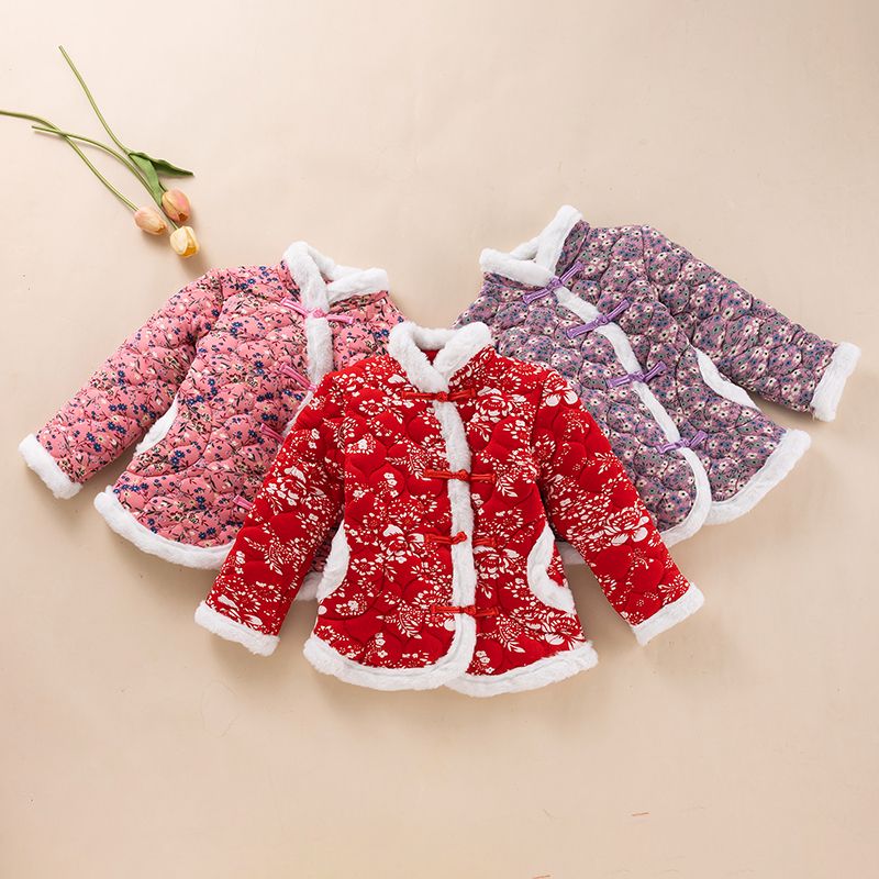 女童棉服网红大花袄秋冬新款中国风复古外套女宝宝棉衣外套拜年装