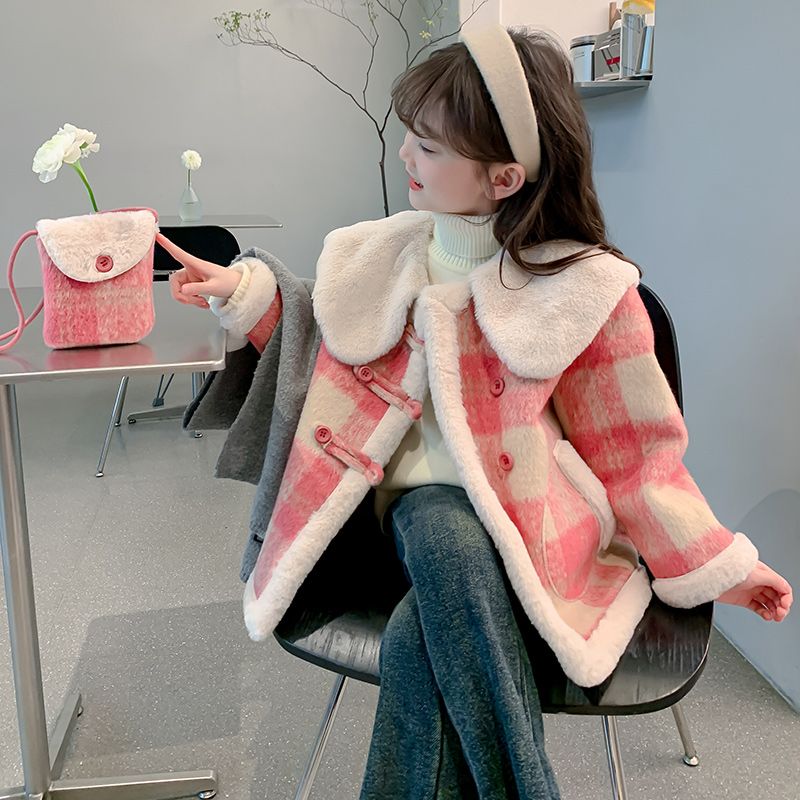 毛呢加绒外套冬季2023新款大童宝宝洋气儿童大衣