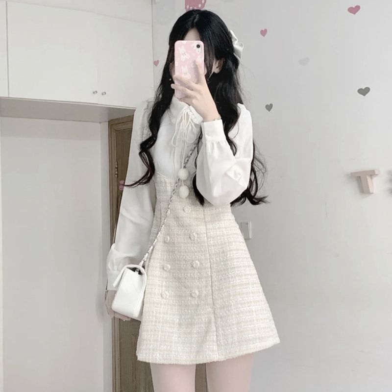 2023年春秋新款设计感甜美显瘦小香风短外套加假两件连衣裙套装女