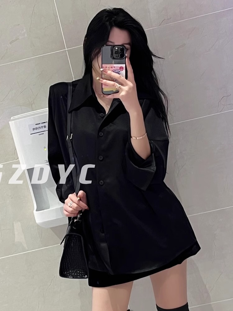 2023款韩版缎面长袖衬衫女宽松显瘦设计感小众慵懒风垂感休闲衬衣