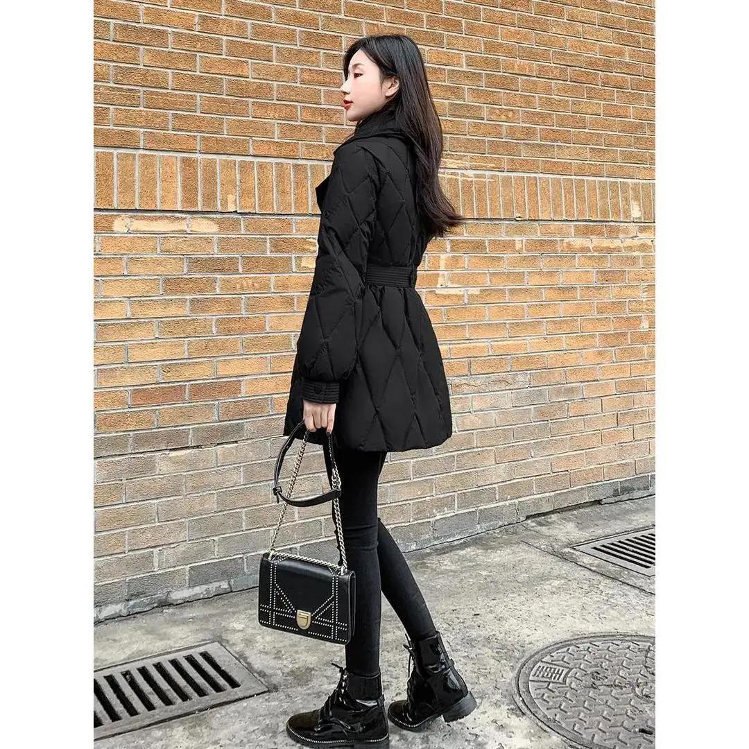 2023新款女装冬修身收腰中长款羽绒羽绒服女黑色显瘦西装领