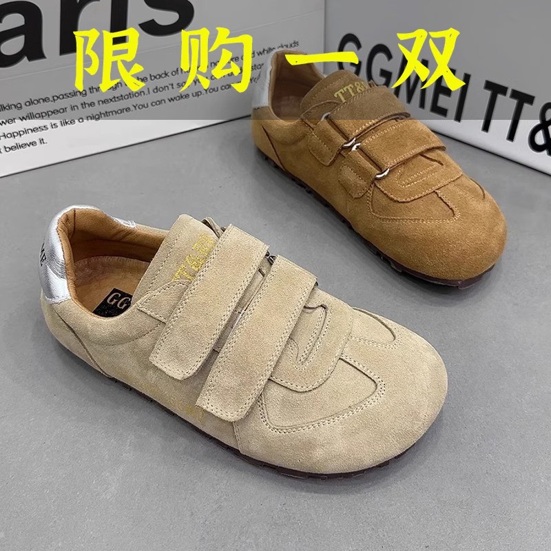 百丽纯爱韩版磨砂皮德训鞋女2023秋新款魔术贴勃肯鞋平底圆头丑