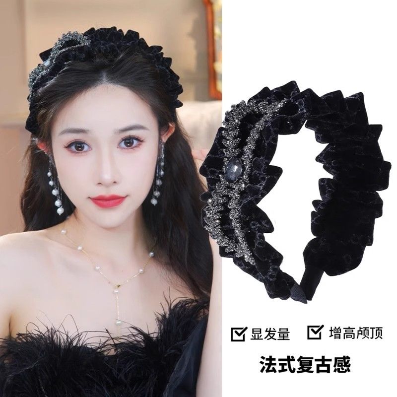新款黑天鹅高级褶皱丝绒复古法式网红气质百搭时尚简约发箍发箍女