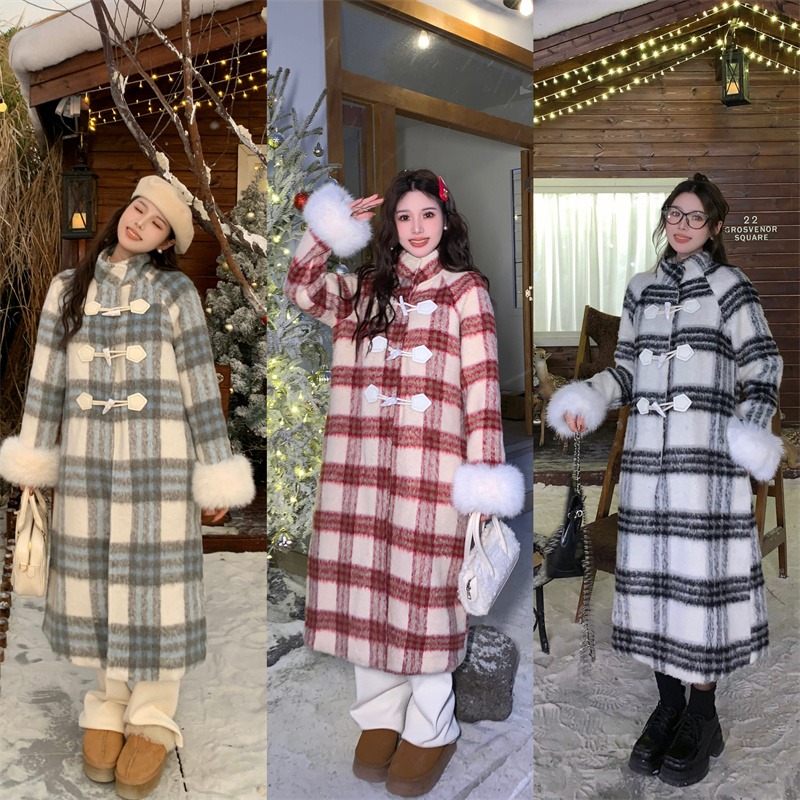 大码格纹夹棉加厚呢子大衣新款冬季女装胖mm显瘦高级感毛呢外套潮