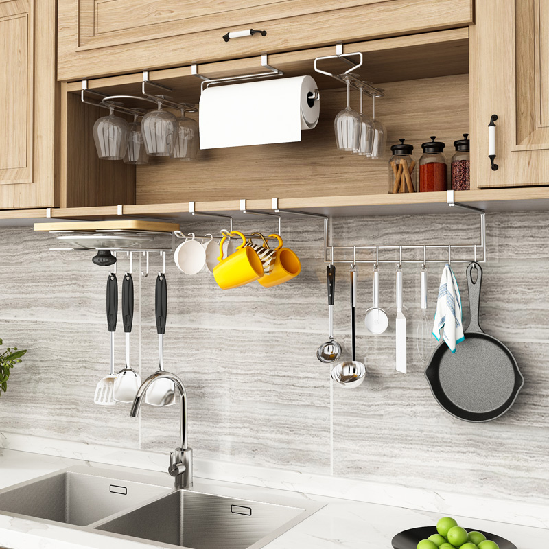 304不锈钢免打孔橱柜悬挂厨房置物架多功能收纳挂架砧板架毛巾架