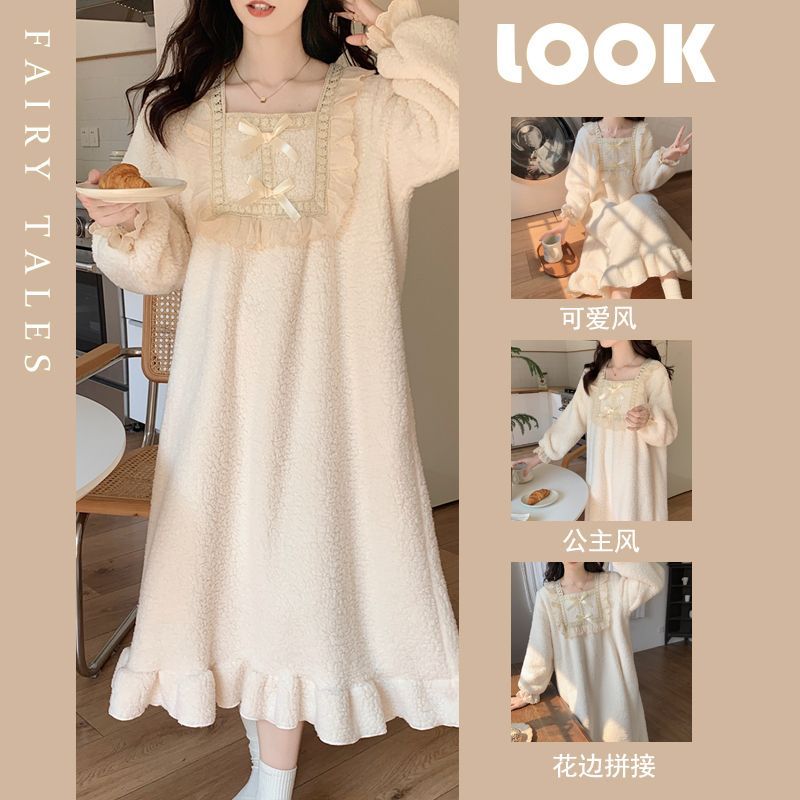 公主风珊瑚绒冬季睡裙女长袖学生加厚加绒甜美可爱长款睡衣可外穿