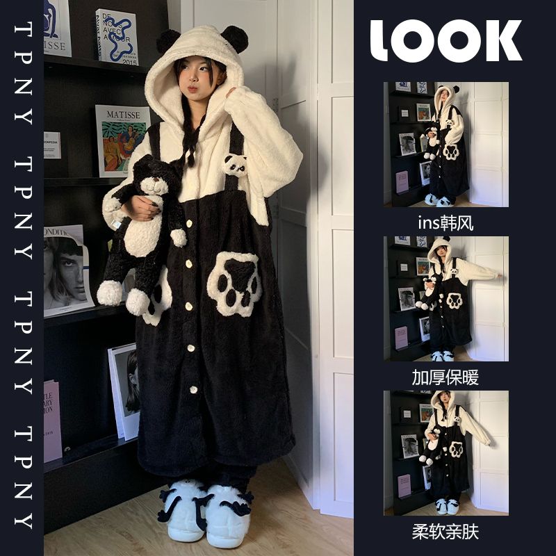 可爱熊猫睡衣女珊瑚绒加厚秋冬季新款甜美加绒保暖居家服睡袍套装