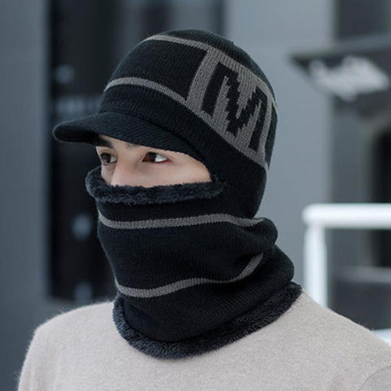 男士围脖帽子一体冬天加厚毛绒面罩带帽檐保暖针织帽骑车护脸防寒