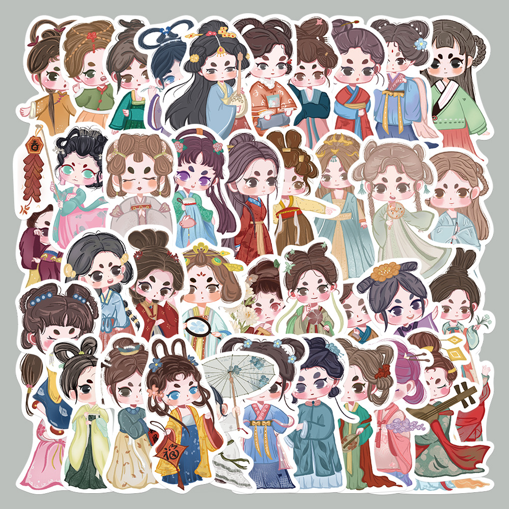 卡通古风汉服小女孩穿搭插画贴纸ins风彩绘国风可爱古装少女贴纸