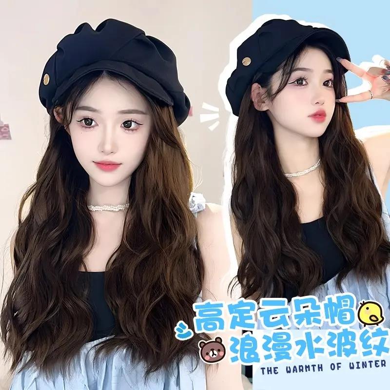 帽子假发一体女长发短发夏天水波纹全头套仿真发全真人发假发帽子