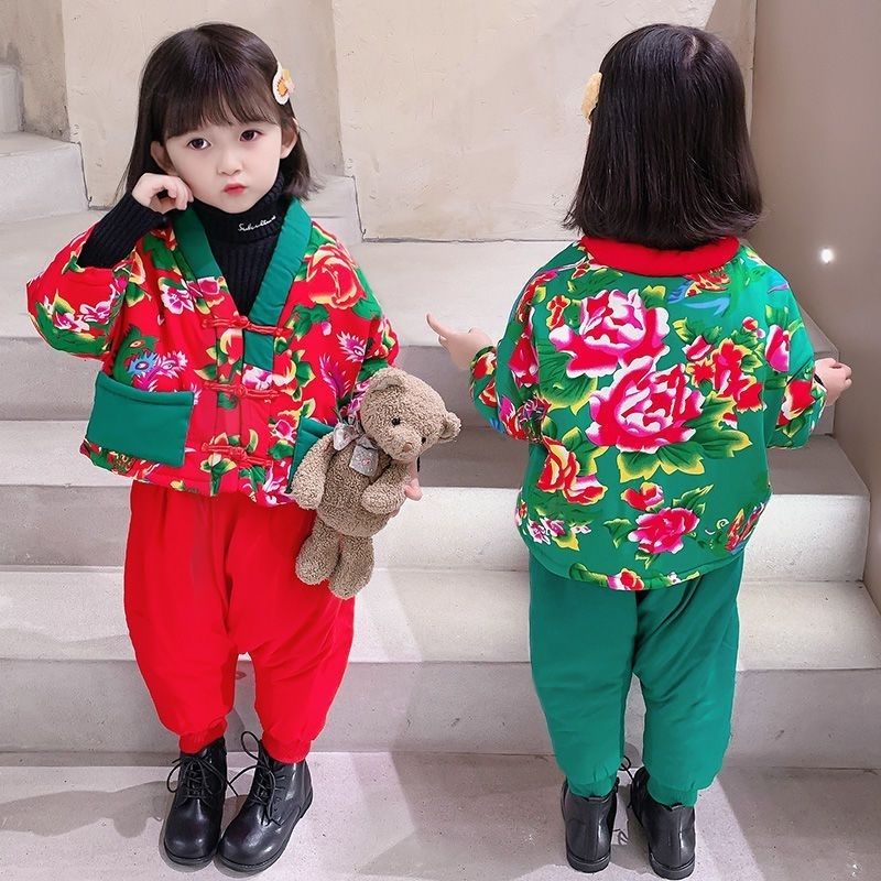 儿童唐装中风东北大花男女童拜年服汉服冬季宝宝过新年棉袄套装