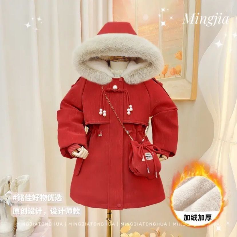 女童皮衣派克服2024新款保暖外套秋冬童装中大童儿童加厚连帽皮衣