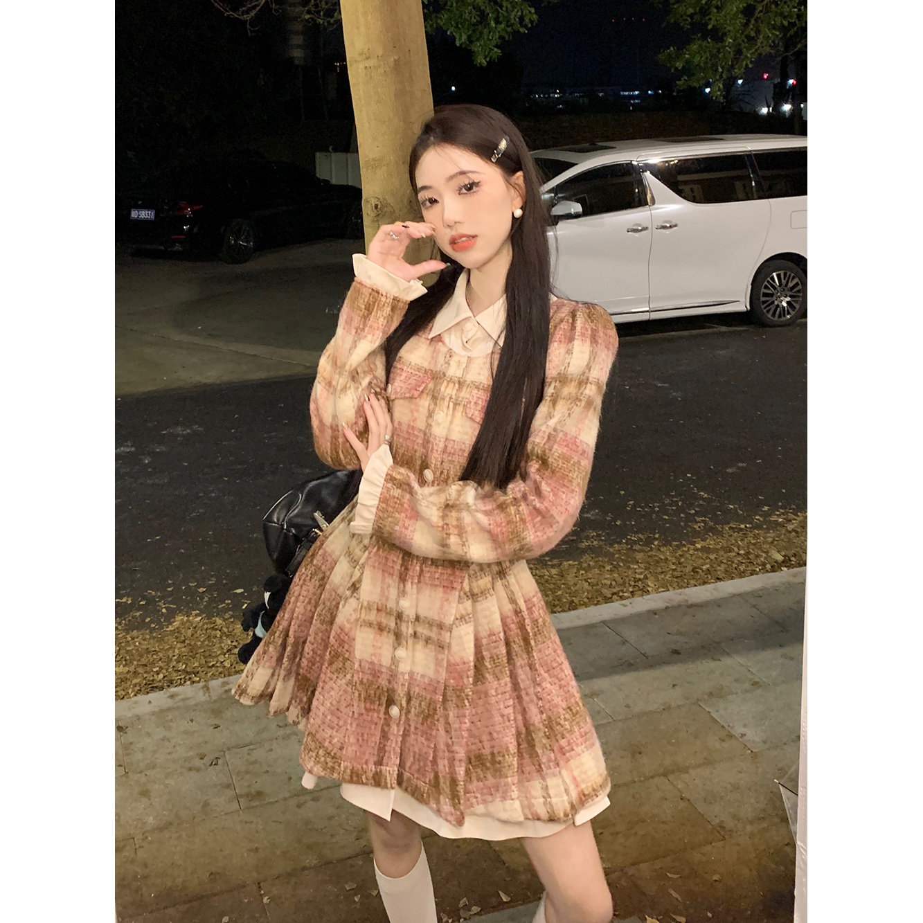 时尚爆款秋冬高级感粉色格子拼接衬衫领假两件毛呢外套连衣裙洋气