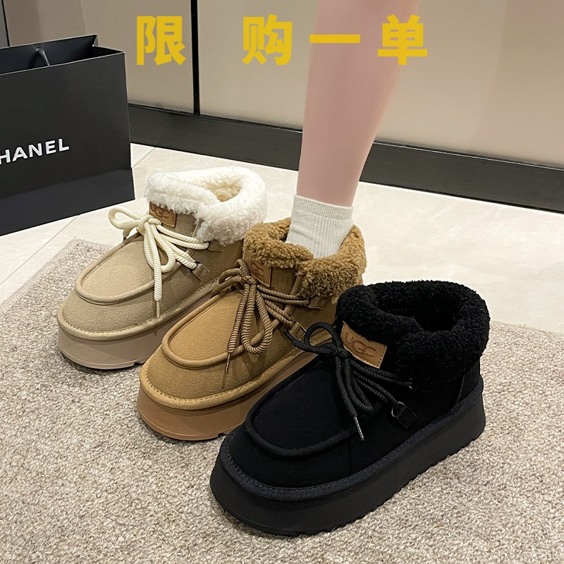 红蜻蜓牌2023秋冬新款松糕厚底系带保暖雪地靴女皮毛一体增高短gh