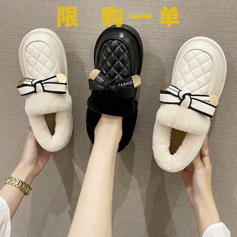 红蜻蜓牌毛毛鞋2023新款女冬白色爆款面包棉鞋外穿一脚蹬加绒雪gh