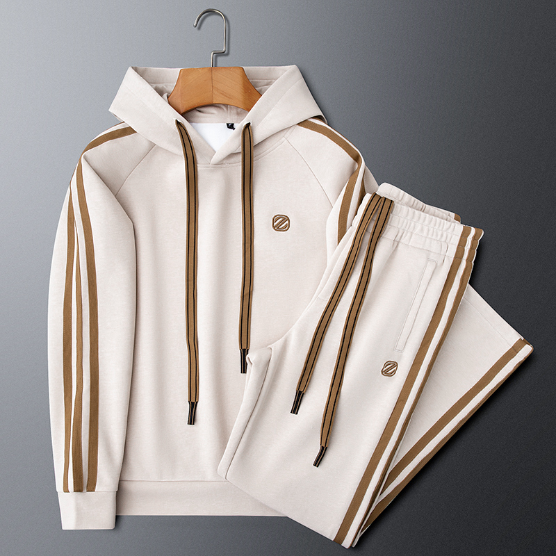 新款秋冬高级感潮牌连帽休闲运动套装爆款潮流穿搭三条杠情侣套装