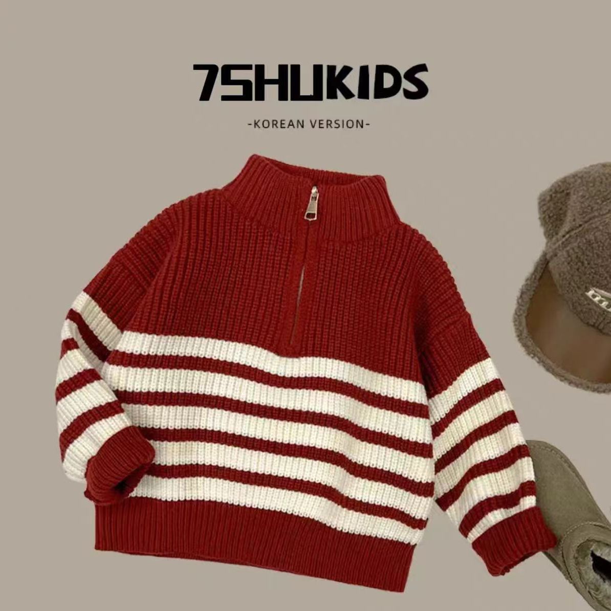儿童毛衣秋冬新款韩版中大童加厚半高领男女童红色新年款针织衫潮