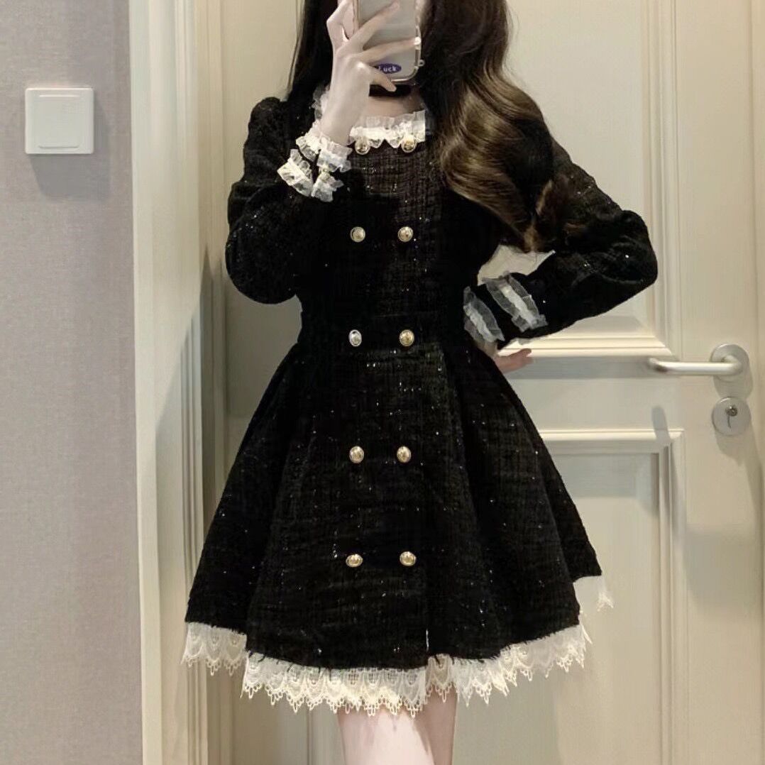 2022小香风新款韩版时尚修身显瘦气质双排扣名媛高级感连衣裙女