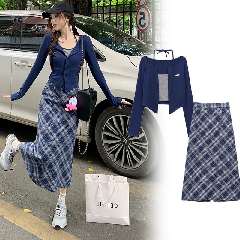 【免费试穿】辣妹风套装初秋挂脖假两件上衣高档格子半身裙两件套