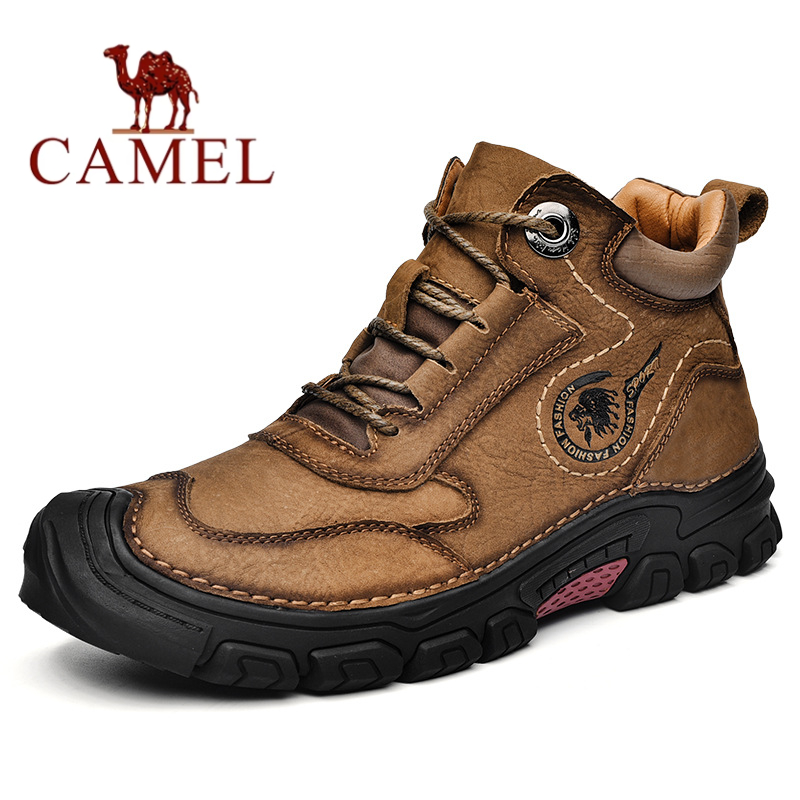 骆驼男鞋冬季户外高帮棉鞋头层牛皮加绒皮鞋男2023新款防滑登山鞋