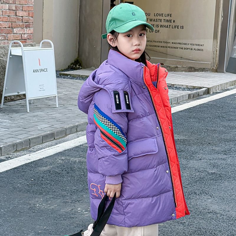 儿童羽绒衣女2023新款洋气中大童中长款加厚拼色连帽学生冬装外套