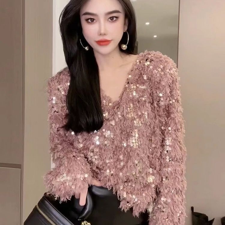 重工流苏亮片V领衬衫女2023秋季时尚小众设计感百搭显瘦长袖上衣