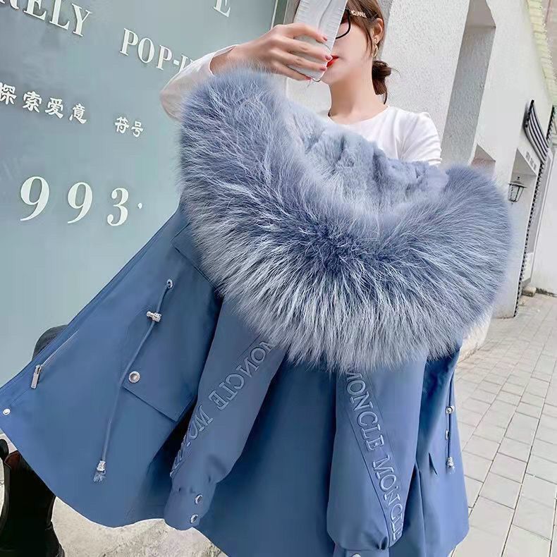 羽服绒2024新款一衣三穿派克女韩版大毛领冬收腰袄外套