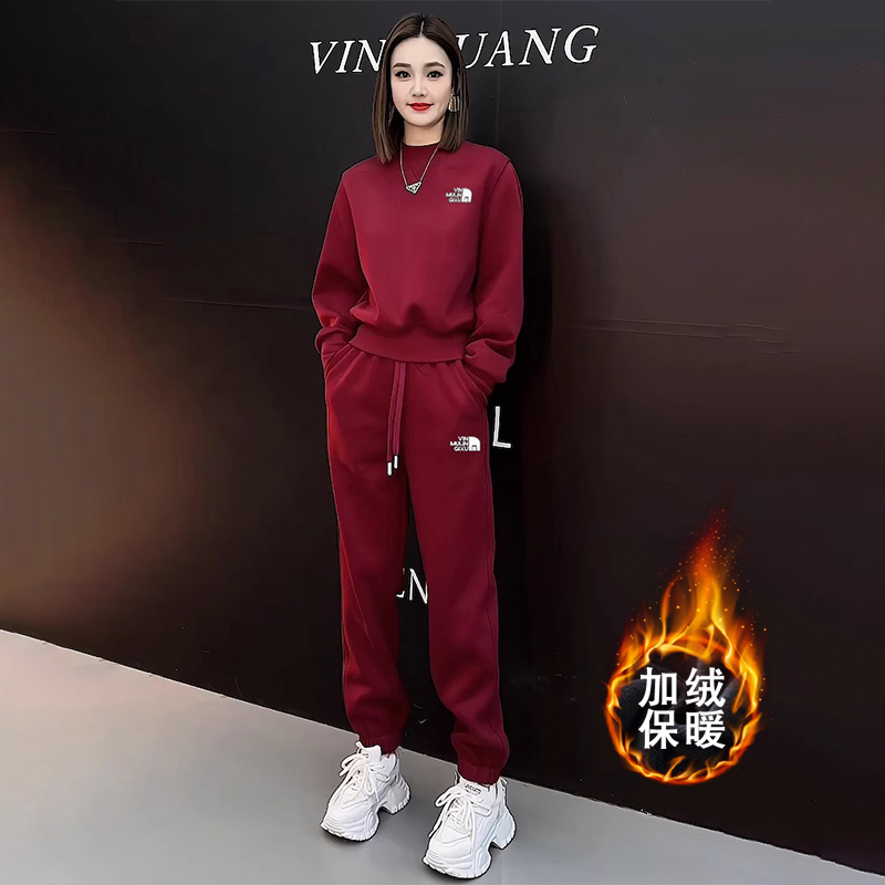 红色运动休闲套装女冬季2023新款宽松时尚洋气加绒卫衣卫裤两件套