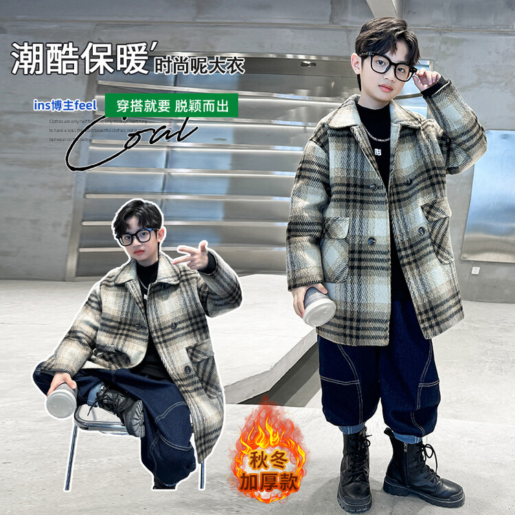 X222冬季加绒加厚条纹中长款呢大衣洋气