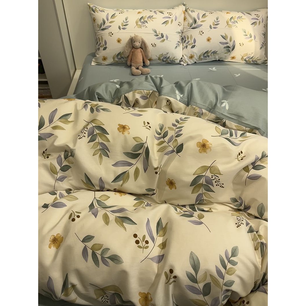 ins田园小清新叶子全棉床上四件套纯棉床单笠被套碎花宿舍三件套