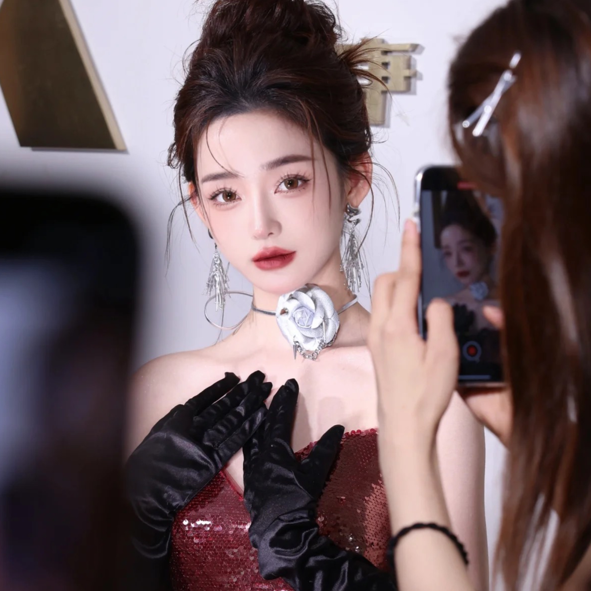 合金皮质耳饰 南一婚饰新款康康老师同款绑带山茶花绑带项链