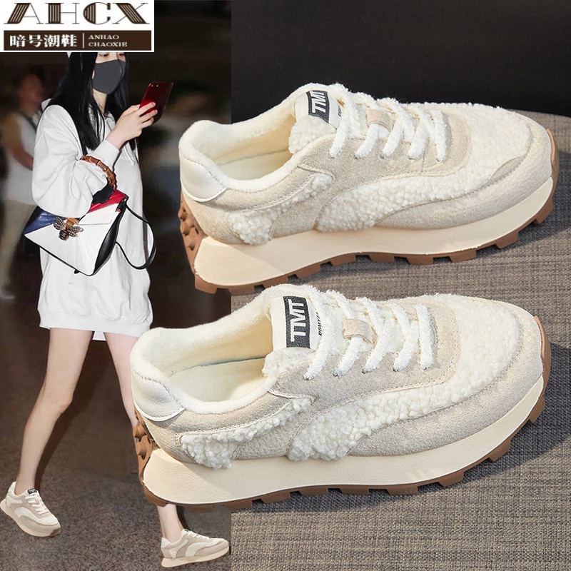 华夫阿甘鞋女羊羔毛2023秋冬季新款女鞋子厚底爆款加绒运动老爹鞋