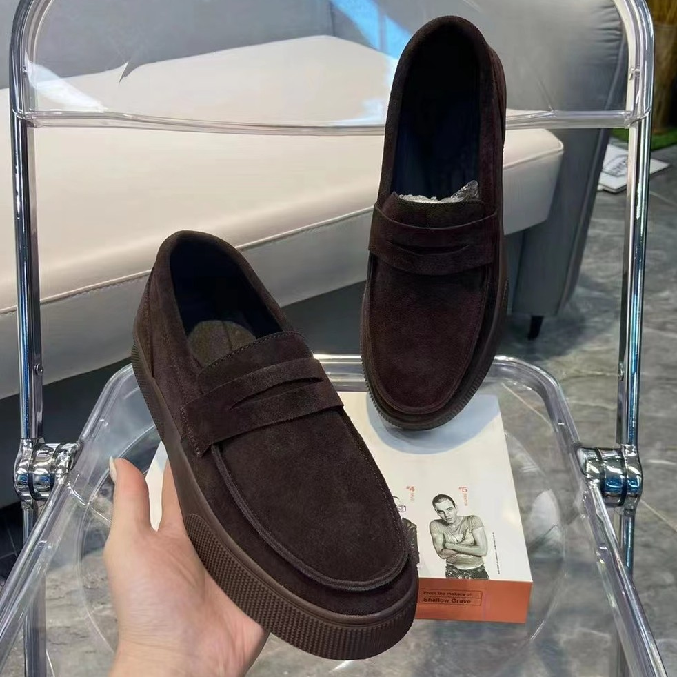 秋季新款纯皮豆豆鞋软底增高舒适防滑乐福鞋一脚蹬皮鞋翻毛皮男鞋